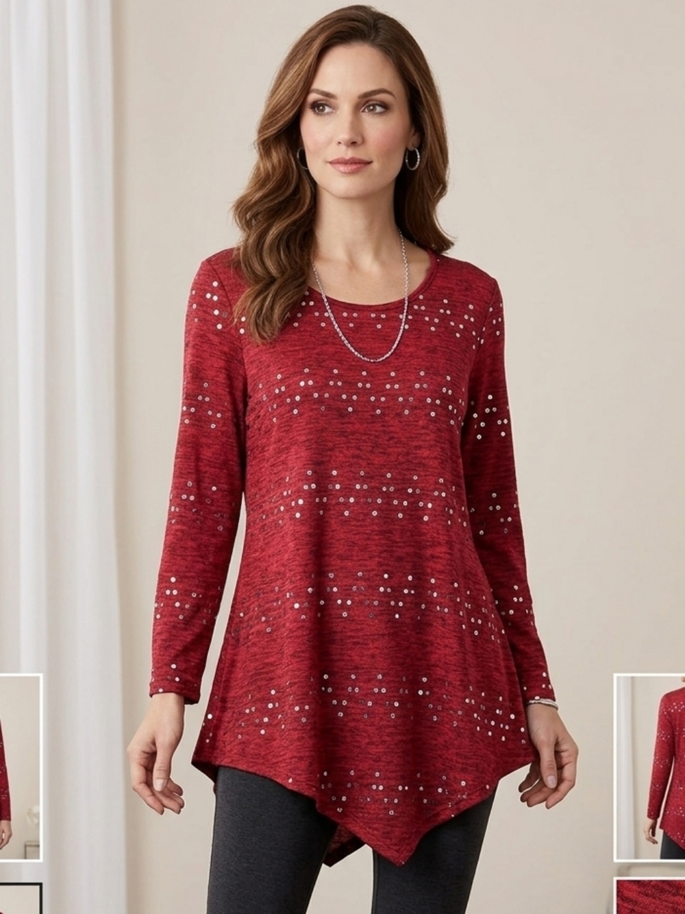 New Directions Red Sequin Long Sleeve Tunic Top